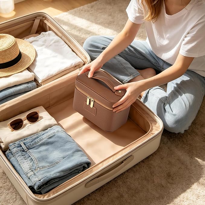 Makeup Bag Travel Toiletry Leather Cosmetic Case, Waterproof Makeup Organizer with Brush Holder, Wipe Clean Removable Divider Vanity Train Bag for Women, Brown - Image 5