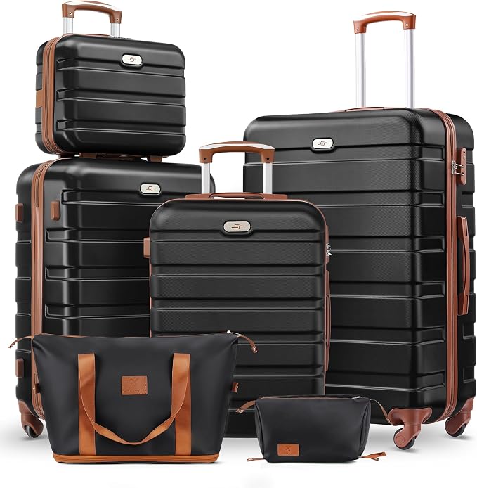 Suitour Luggage Sets 6 Piece, 20-inch Carry-on and 24 inch28 inch Checked Suitcase Set with Cosmetic Case and Expandable Travel Duffle Bags Set(Black Tan) by Suitour