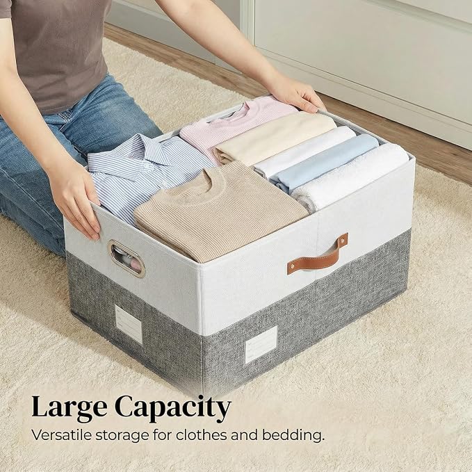 PRANDOM Storage Bins with Lids [3-Pack] Linen Fabric Foldable Storage Boxes Organizer Containers Baskets Cube with Cover for Bedroom Closet Office Grey&White (23.4X15.9X11.4) - Image 2