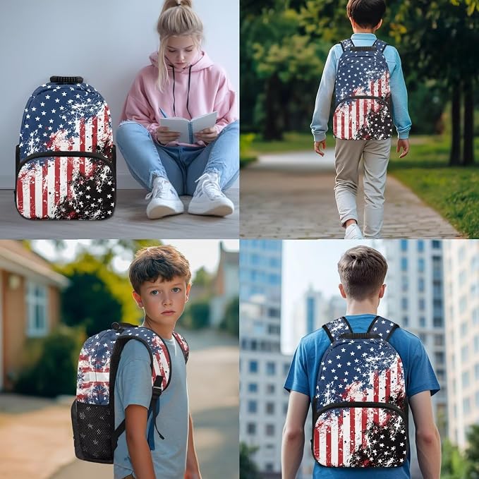 American Flag Backpack for Boys 4 Pack School Bag Rucksack with Reusable Lunch Bag Water Bottle Carrier Bag Pencil Case Set - Image 3