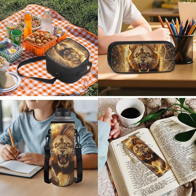 Lion Boys School Bag Yellow Backpack with Lunchbox Pencil Case and Bottle Holder Bookmark Set of 5 Printed Backpack Matching 5Pcs Bookbag Set for Girls - Image 5