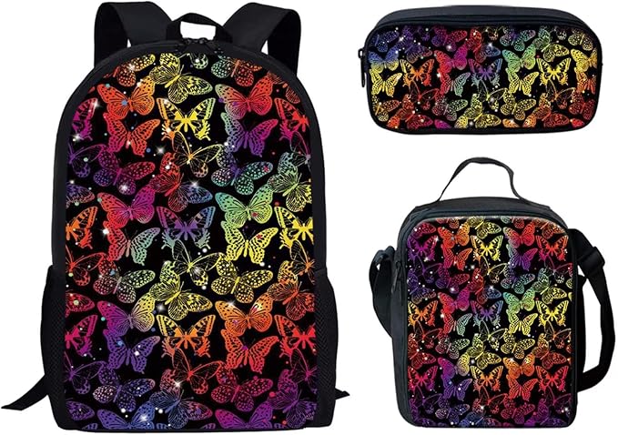 Forchrinse Colorful Star Butterfly 3Piece Backpack+Insulated Lunch Box+Pencil Bag for Kids Elementary School Backpack Combo Set by Forchrinse