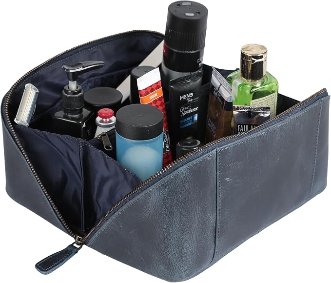 KomalC Luxury Leather Men’s Toiletry Travel Bag – Handmade Shaving Kit with Waterproof Interior, Spacious Storage & Carry Handle – leather travel Kit Bag for Men & Women (Blue) - Image 5