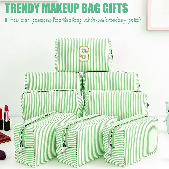 Giesiery 8 Pcs Seersucker Makeup Bags Striped Cosmetic Bags Bulk Organizer for Women Preppy Travel Toiletry Pouch for Wedding Bridesmaid Gifts (Green, Medium) - Image 4