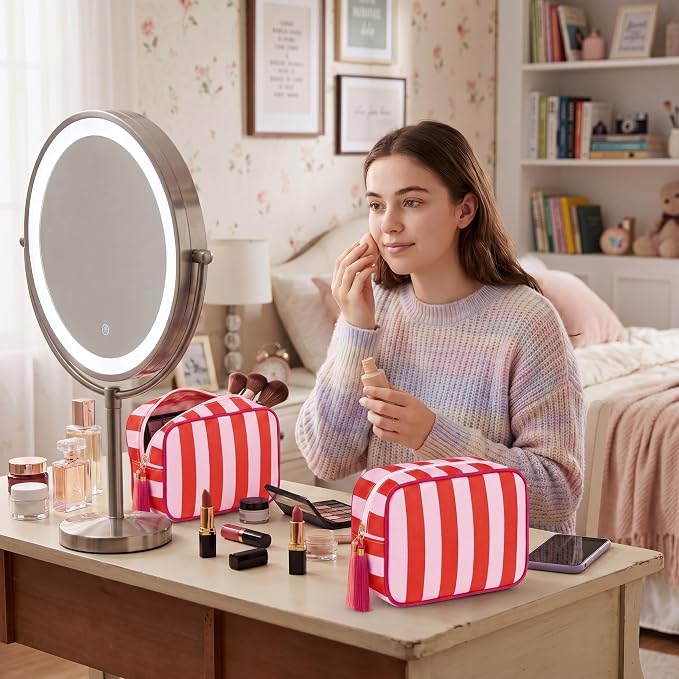 Kacctyen 6 Pack Tomato Red and Light Pink Striped Makeup Bag bulk with Tassel Travel Cosmetic Pouch Organizer Large Zipper Toiletry Case for Women Aesthetic Storage Pouch Mahjong Tile Bag - Image 6