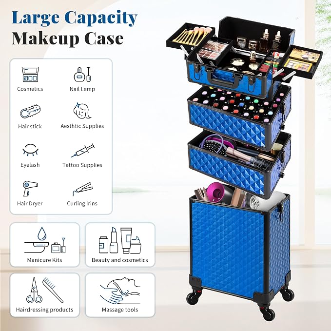 AROUS Rolling Makeup Train Case 4 in 1 Cosmetology Case on Wheels Large Storage Cosmetic Trolley with Key Salon Barber Traveling Cart Trunk, Blue - Image 4