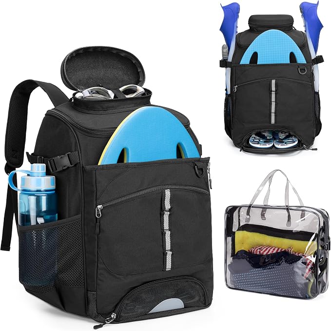 GOBUROS Swim Backpack for Swimmers, Swim Equipment Gear Bag for Men | Swimming Backpack with Additional PVC Transparent Bag for Workout Gear, Beach Pool Backpack for Swimming, Sports, Gym, Black by GOBUROS