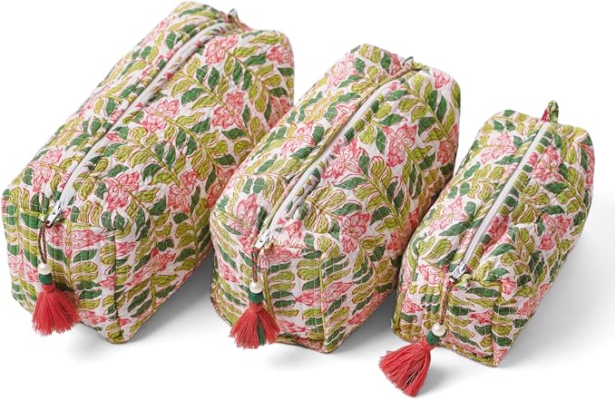 Saffron Marigold Quilted Makeup Bag Set of 3, Hand Block Printed Cotton Cosmetic Bags for Women, Waterproof Lined Travel Toiletry Bag, Coquette Aesthetic, Handmade Gift, Madagascar Periwinkle Vanilla by SaffronMarigold