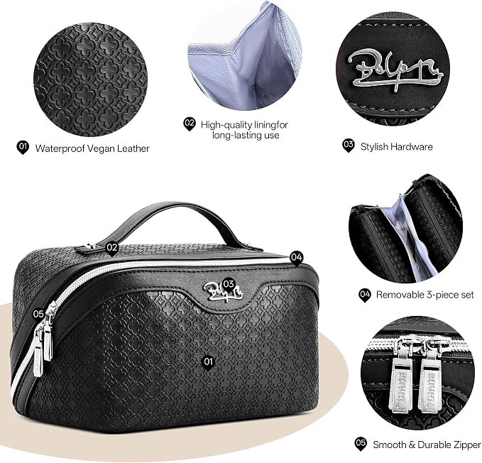 BOYATU Travel Makeup Bag for Women: Four Leaf Clover Large Capacity 3 Pcs Set Cosmetic Bags - Waterproof 50% Extra Space for Toiletry Organizer - Travel Essentials for Fortunate (06 Black) - Image 3