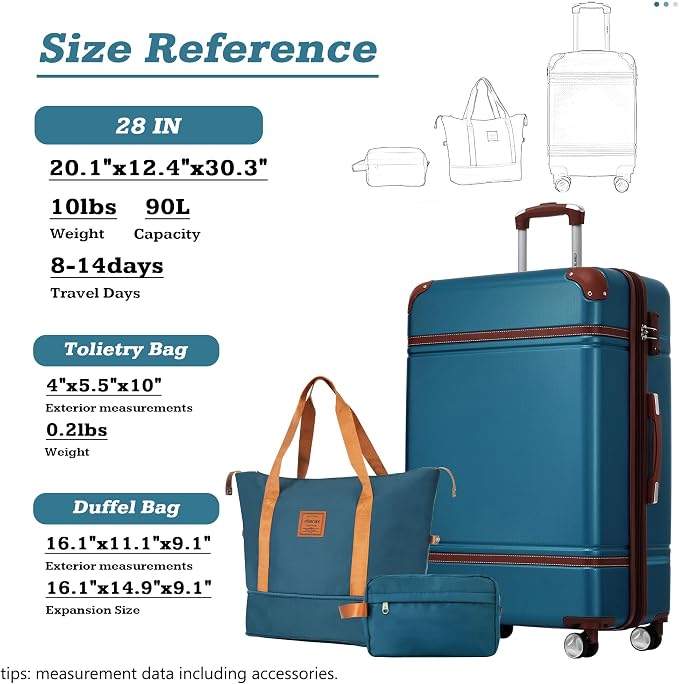 Merax Luggage Set,28 IN Hardside Suitcase with Duffel Bags,3 Piece Expandable Luggage with Spinner Wheels, Vintage Luggage with TSA Lock Lightweight,(Blue) - Image 2