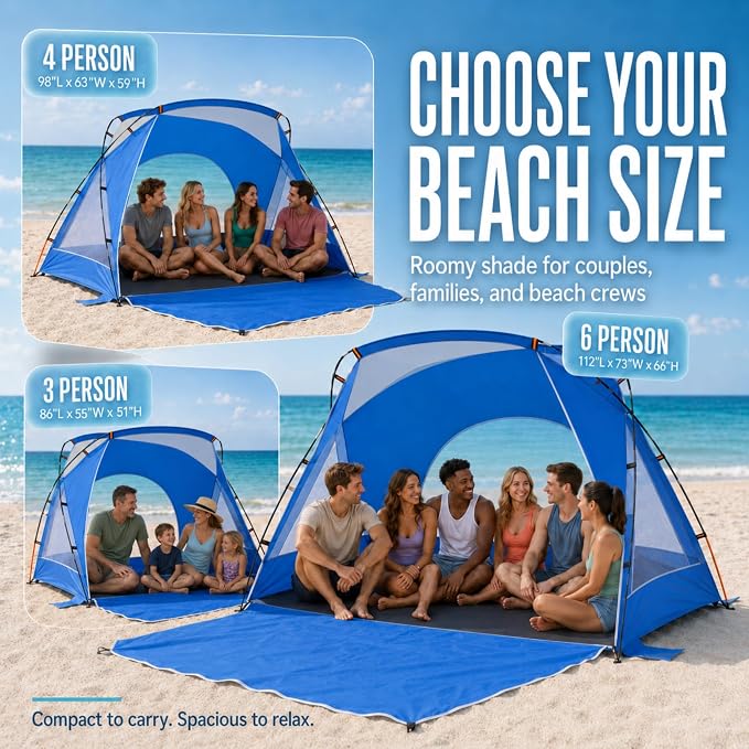 Beach Tent, Portable Sun Shelter for 2/3/4/6-8 Person with UPF 50+ UV Protection, Easy Setup Waterproof Beach Shade Canopy Cabana for Family Outdoor and Picnics, Fishing with Carrying Bag - Image 7