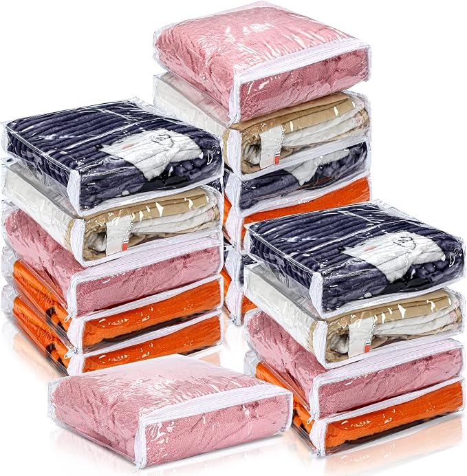 Kingdder 16 Pcs Clear Zippered Storage Bags Plastic Sweater Bags with Zipper 10 x 10 x 2.5 Inch Vinyl Sheet Organizer and Storage for Clothing Blankets Sheet Linen Bed Pillow Cube Organizer by Kingdder