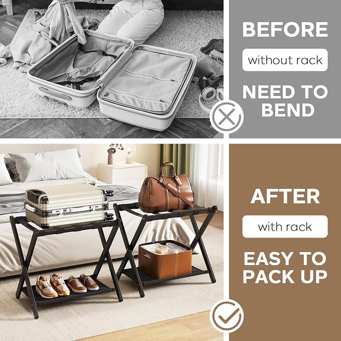 Fully Assembled Luggage Racks Set of 2, Bamboo Luggage Rack for Guest Room, Foldable Suitcase Stand with Fabric Storage Shelf for Bedroom, Hotel, Holds up to 165 lb, 26.77 x 16.93 x 22.5 Inches, Black - Image 4