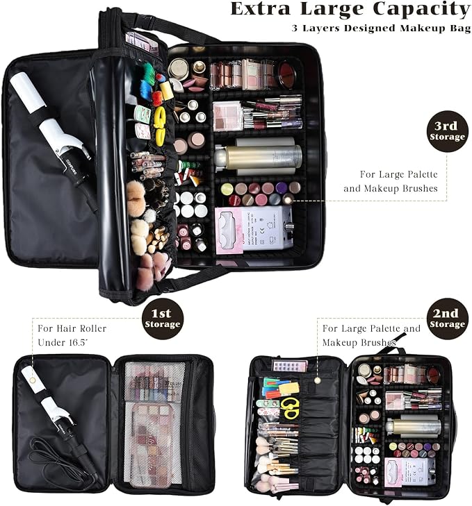 Costravio Makeup Bag Organizer Large Makeup Case Backpack Professional 2 Layers Cosmetic Storage Organizer Brush Slot with 3 Clear Set Bags for Makeup Artists with Shoulder Strap Adjustable Dividers - Image 2