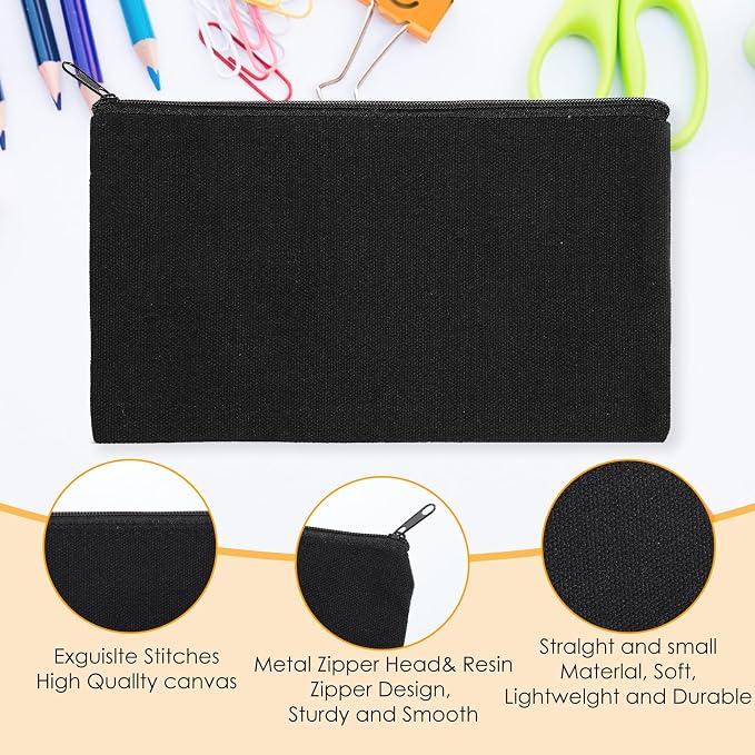 60Pcs Black Cotton Canvas Zipper Pencil Pouch Bulk, Blank DIY Craft Bag Canvas Pencil Case, Multipurpose Toiletry Tote Bag for Makeup Cosmetic, Invoice Bill, Travel Toiletry (Black,60) - Image 4