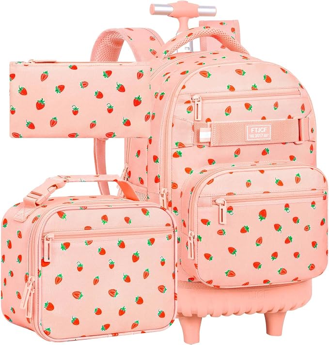 3Pcs Rolling Backpack for Women Girls with Large Wheels, 20 Inches Detachable Wheeled Backpack Set, Adults Water Resistant Roller Backpack for Travel, Work, College School (Pink) by FTJCF