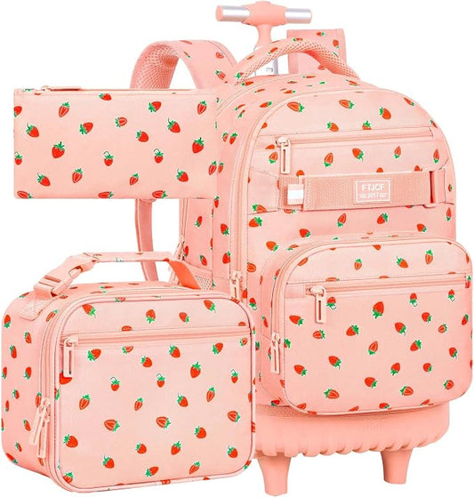 3Pcs Rolling Backpack for Women Girls with Large Wheels, 20 Inches Detachable Wheeled Backpack Set, Adults Water Resistant Roller Backpack for Travel, Work, College School (Pink) by FTJCF
