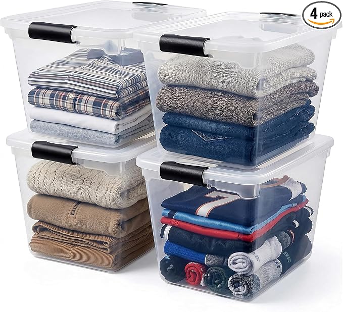 HOMZ 4-Pack 31 Quart Latching Lid, Clear Plastic Storage Organizer Bins, Gray – Stackable Containers for Home & Office Shelves, Kitchen, Garage, and Bathroom Organization by Homz