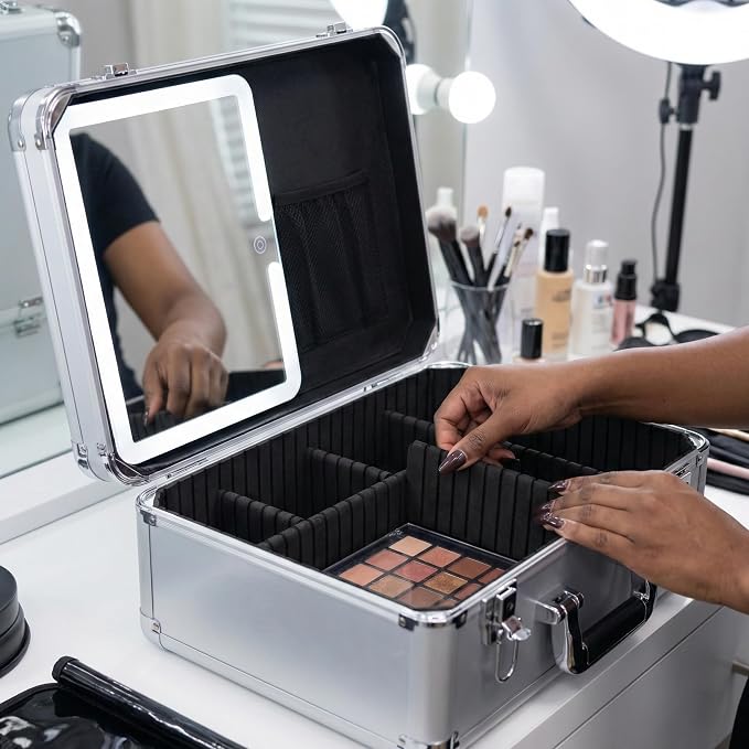 CHENGLIN Extra Large 15 inches Makeup Case with Lighted Mirror – Cosmetic Organizer with Adjustable Dividers, Magnetic LED Mirror, Portable Makeup Suitcase for Women (Silver) - Image 8