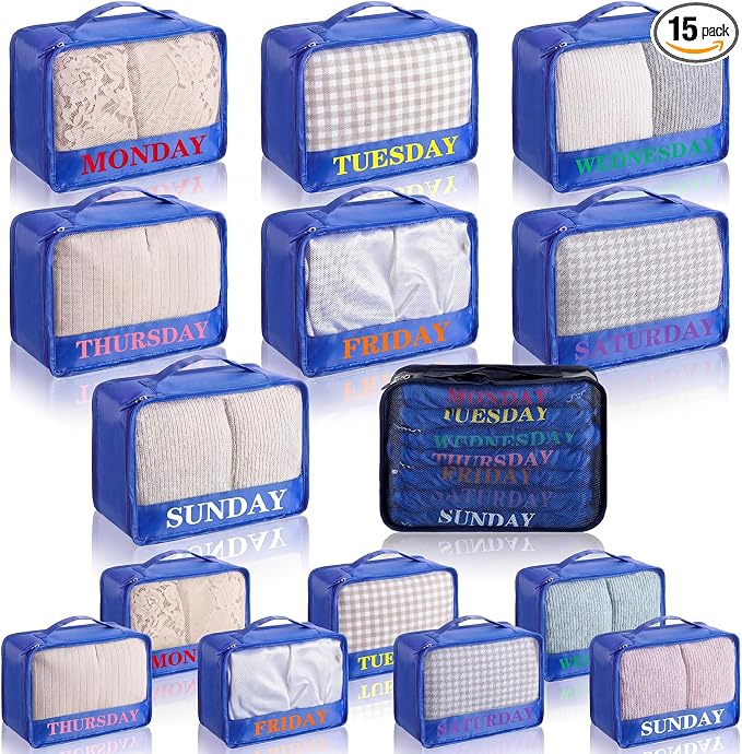 Days of Week Packing Cubes Summer Camp Essentials Weekly Organizer Storage Bag School Clothes for Travel Kids Family(9x7x3inch,Blue,15) by Yeyeplum