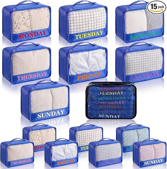 Days of Week Packing Cubes Summer Camp Essentials Weekly Organizer Storage Bag School Clothes for Travel Kids Family(9x7x3inch,Blue,15) by Yeyeplum