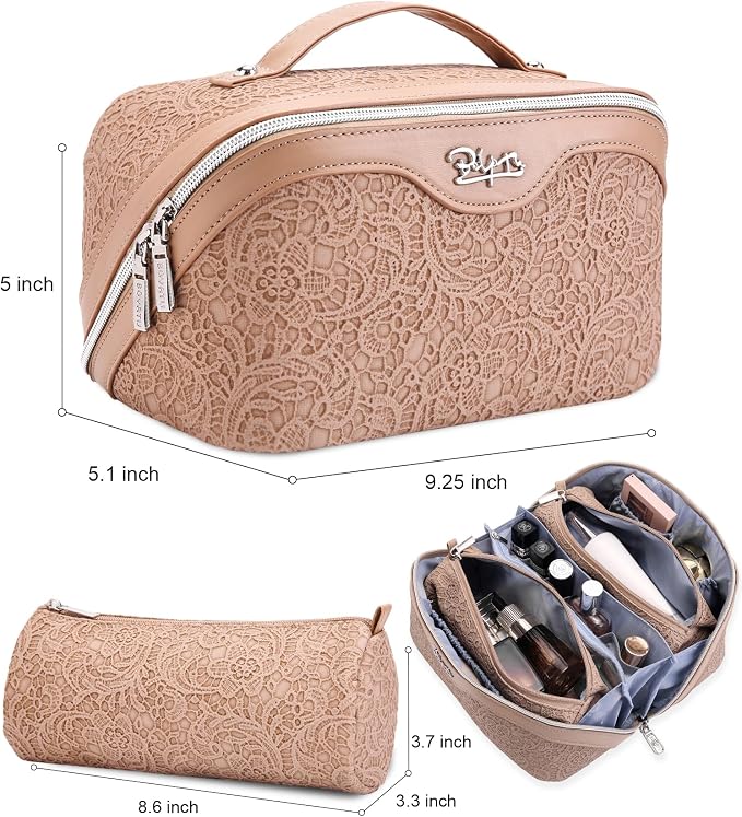 BOYATU Travel Makeup Bags Cosmetic Organizer Bag: 3-Set Large Capacity Make up Bag - PU Leather Toiletry Bags for Women - Wide Open Portable Pouch with Divider & Handle (A-Tan) - Image 5