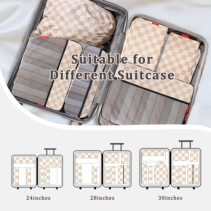 U+U 10 Set Compression Packing Cubes - Ultralight Travel Organizers with Laundry Bag and Cosmetic Bag, Space-Saving Suitcase Organizer for Travel, Business Trip and Family Vacation (Khaki Checkered) - Image 7