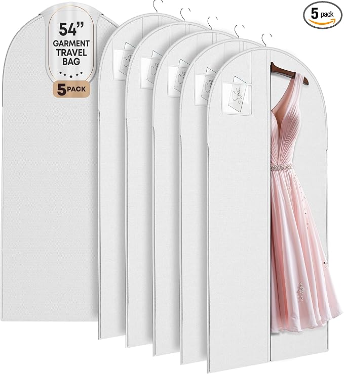 Luxury On the Go Long Formal Dress Bag – 54" Hanging Garment Bag for Dresses, Prom & Bridesmaid– Long Garment Bags for Hanging Clothes Lightweight & Tear-Resistant with Clear ID Window – 5 Pack by YourBags