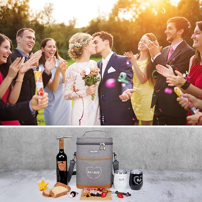 Hap Tim Wedding Gifts for Couples, Bridal Shower Gifts, Engagement Gifts for Newlyweds, Mr and Mrs gifts - Wine Cooler Bag Insulated Wine Carrier Tote with Tumblers, Bamboo Cheese Borad - Image 7