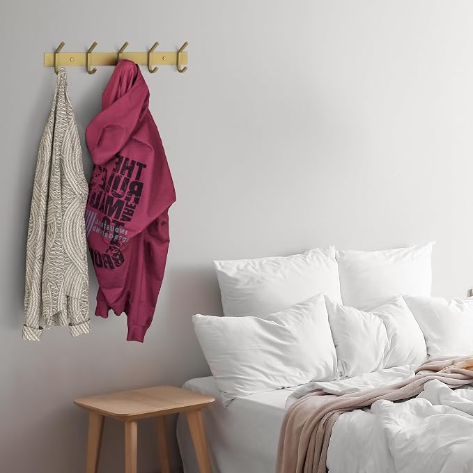Brushed Gold Wall Mounted Coat Rack – 15 Inch Stainless Steel Rail with 5 Double Coat Hooks for Entryway, Bathroom, Bedroom, Kitchen – Modern Gold Hook Rack for Coats, Hats, Towels - Image 4