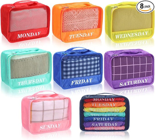Days of Week Packing Cubes Summer Camp Essentials Weekly Organizer Storage Bag School Clothes for Travel Kids Family(9x7x3inch,Rainbow,8) by Yeyeplum