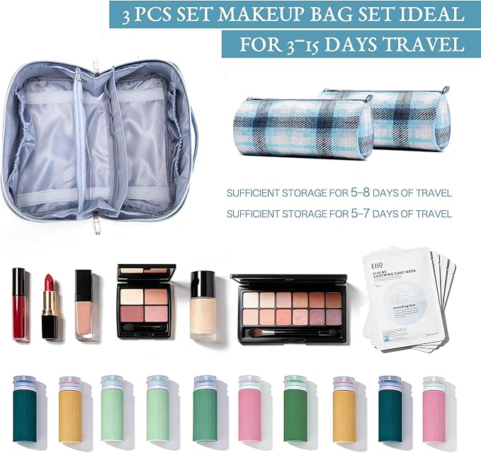 BOYATU Travel Makeup Bag for Women: Scottish Plaid 3 Pcs Set Cosmetic Organizer Bag - 180° Open Large Spacious Holds 50% More Cosmetics - Waterproof Leather Checkered Toiletry Bag (05-Blue) - Image 4