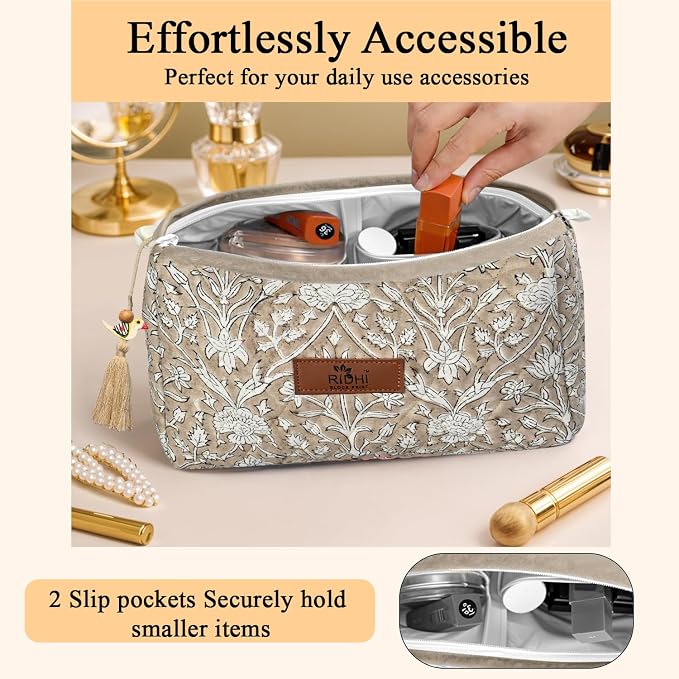 Ridhi Taupe Hand Block Printed Floral Toiletry Bag For Women 100% Cotton Quilted Set of 3 Waterproof Inner Lining, Cosmetic Jewelry Organizer, Travel Pouch, Essential Storage Purse Gifts - Image 2