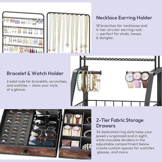 SWTYMIKI Jewelry Organizers and Storage- Multifunctional Stand Jewelry Organizer Cabinet for Necklace, Earring, Ring & Bracelet - Jewelry Box Necklace Holder with 4 Nonwoven Drawers & Wheel Espresso - Image 4