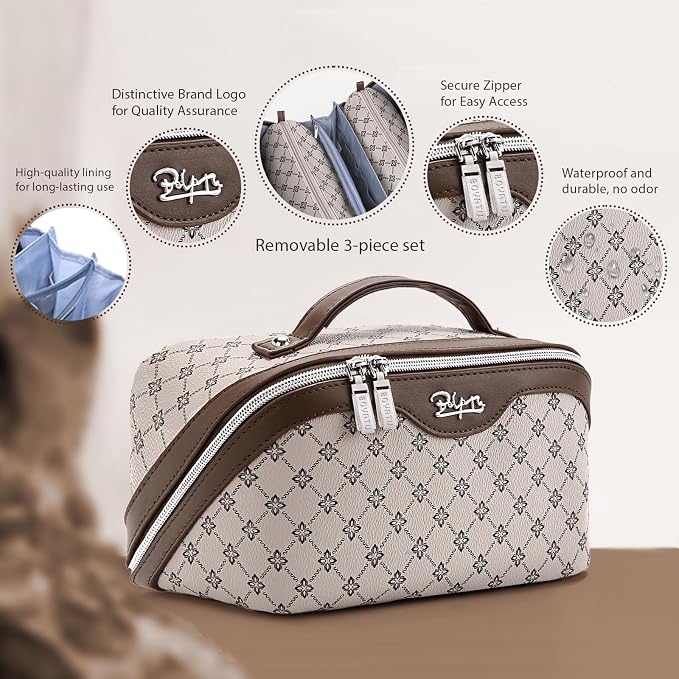 BOYATU Travel Makeup Bag Cosmetic Bags for Women: 3 Pcs Set Large Capacity Make up Bag with Handle - Vegan Leather Toiletry Bags with Compartments - Makeup Organizer for Travel Essentials(A-2-Khaki) - Image 2