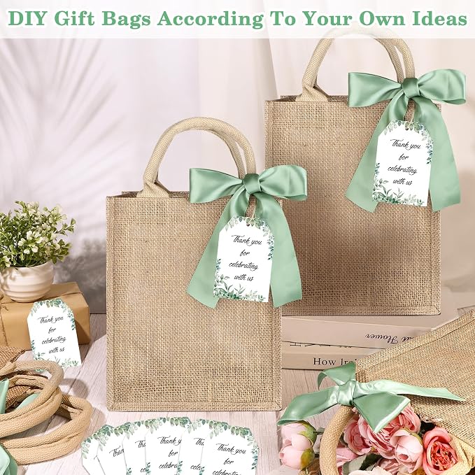 15Pack Burlap Tote Bag Set Reusable Blank Bridesmaid Gift Bags Jute Burlap Grocery Bag with Thank You Gift Tags Chiffon Silk Ribbons for Wedding DIY Invitations Parties and Baby Showers - Image 5
