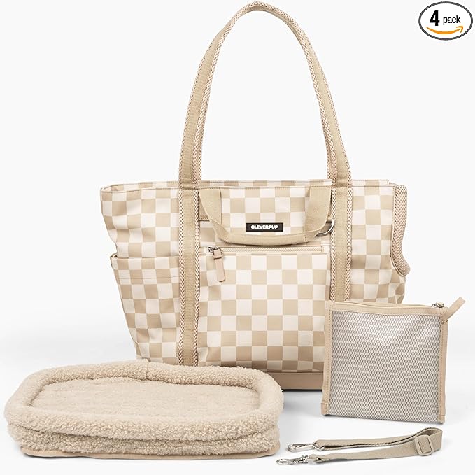 Cleverpup Transit Tote Dog Carrier 4-Piece Set - Premium Lightweight Pet Travel Bag with Plush Teddy Insert, Food Pouch, Air Mesh Opening, Water-Resistant Base & Safety Tether - Medium Checkerboard by Cleverpup