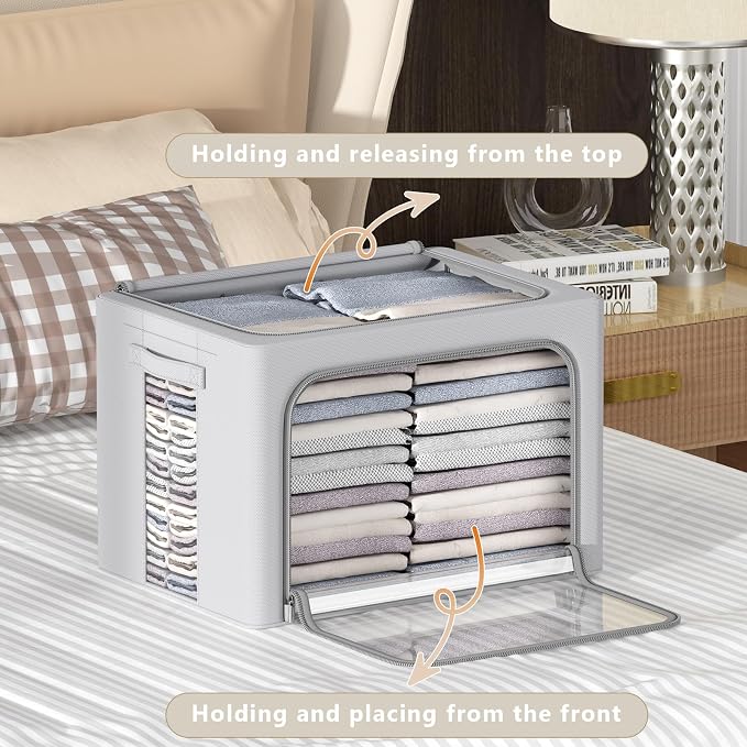 CYhom 3Pack Frame Storage Box - Clothes Storage Bin Bags Oxford Fabric Foldable Stackable Container Organizer Set with Clear Window & Carry Handles Large Capacity (Grey, Small-22L) - Image 2