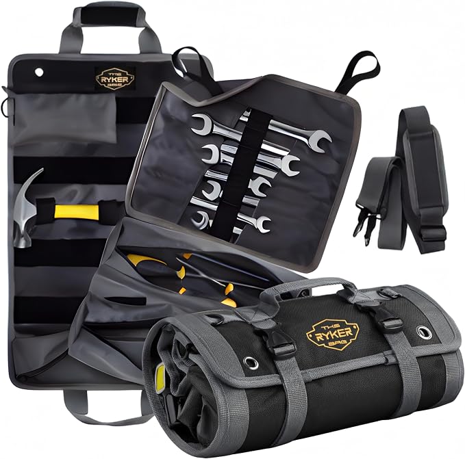 Ryker PRO Heavy Duty Motorcycle Tool Roll Up Bag w/Socket Wrench Organizer | Official Off Road Roll Up Tool Bag Waterproof Pouches and Pocket Labels. Overland Gear Tools Bag Kit for Contractor, Mechanic by TheRykerBag