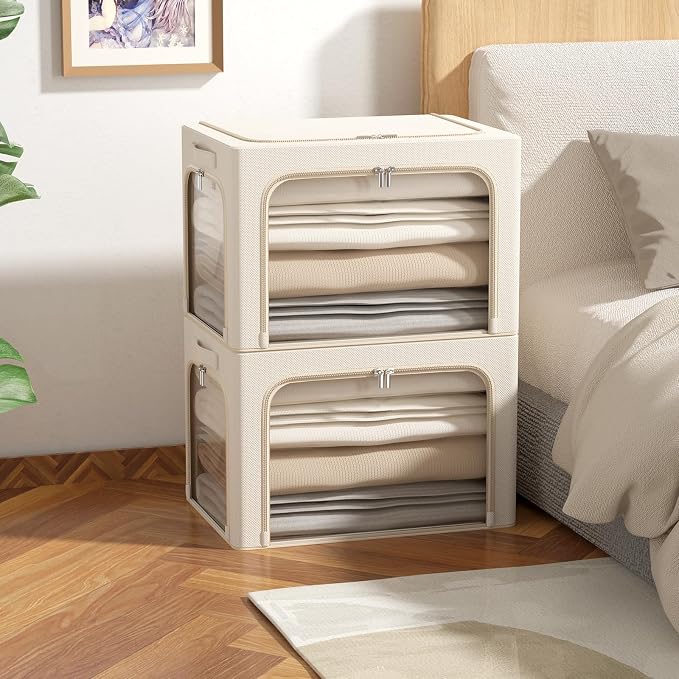 3Pack Clothes Storage Bins - Oxford Frame Storage Box Foldable Stackable Storage Organizer with 3 Openings Design, Metal Frame, Clear Window, Carry Handles (Beige, 100L-23.6 * 16.5 * 15.7in) - Image 8