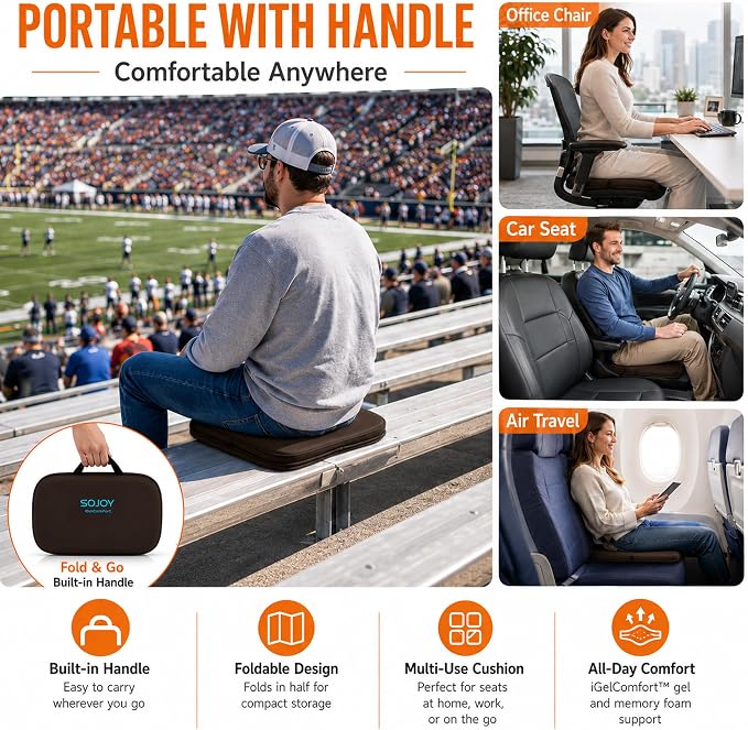 Sojoy 3-in-1 Foldable Gel Seat Cushion with Memory Foam Ergonomic Portable Cushion for Back Pain & Tailbone Relief - Perfect for Office Chair, Airplane Travel & Stadium Seats (18.5" x 15" x 2" Brown) - Image 7