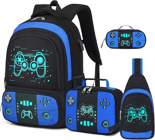Bevalsa Backpack for School Boys, Cool Luminous Gamer Boys Schoolbag with Sling Bag,Lunch Box & Pencil Case for Kids Children Teens Elementary Middle School(Blue Game Backpack with Shoulder Bag) by Bevalsa