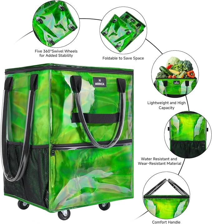 Reusable Grocery Bag On Wheels, 70L Foldable Rolling Tote Bag with Pockets & 3-Way Carry, Zippered Top, Heavy Duty Handle, Collapsible Shopping Cart for Grocery Camping Moving, Medium Gradient Green - Image 5