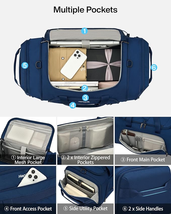 Hanke Duffle Bag for Travel, Dual Expandable 45L-55L Carry On Duffel, 3 In 1 Weekender Tote, Water Resistant Overnight Bag with 15.6" Compartment for Men Women, Blue - Image 5