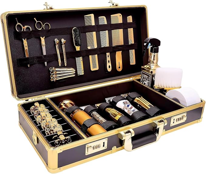 GYKLE Gold Barber Case, Large Barber Carrying Suitcase with Code Lock | Large Space, Comes with Shoulder Strap, Aluminum Clippers Case, Hair Cutting Tools Organizer Box - Image 2