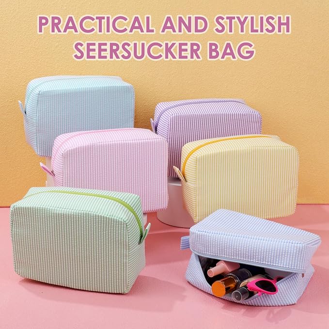 Sanwuta 6 Seersucker Cosmetic Bag Bulk Striped Makeup Bag for Women Aesthetic Cute Travel Toiletry Organizer Preppy Storage Pouch for Wedding Bridesmaid Mother's Day Teacher Gift (Large,Macaron Color) - Image 5