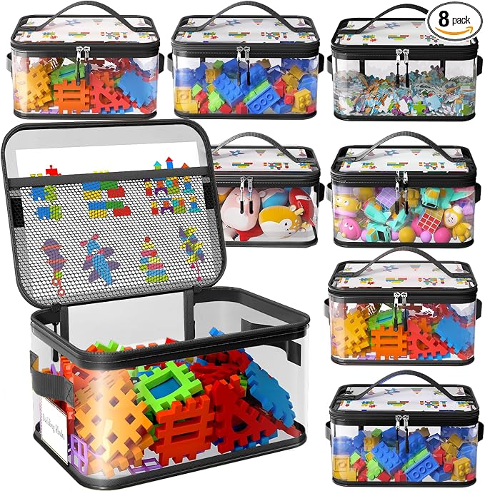 8 Pack Large Clear Toy Storage Bags with Labels, Handles, Zippers, Black | Large Capacity, Transparent PVC, Waterproof Dustproof, Space-saving, Portability for Building Blocks, Puzzle, Dolls, Travel by Shcsdr