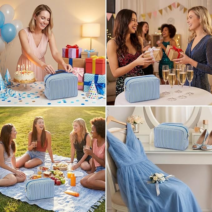 24 PACK Makeup Bags-Bulk Graduation Gifts Seersucker Bridesmaid Proposal Gifts Large Makeup Pouch for Wedding Party Favors Bachelorette Party Decorations Toiletry Organizer Bag Cosmetic Bag (24, Blue) - Image 6