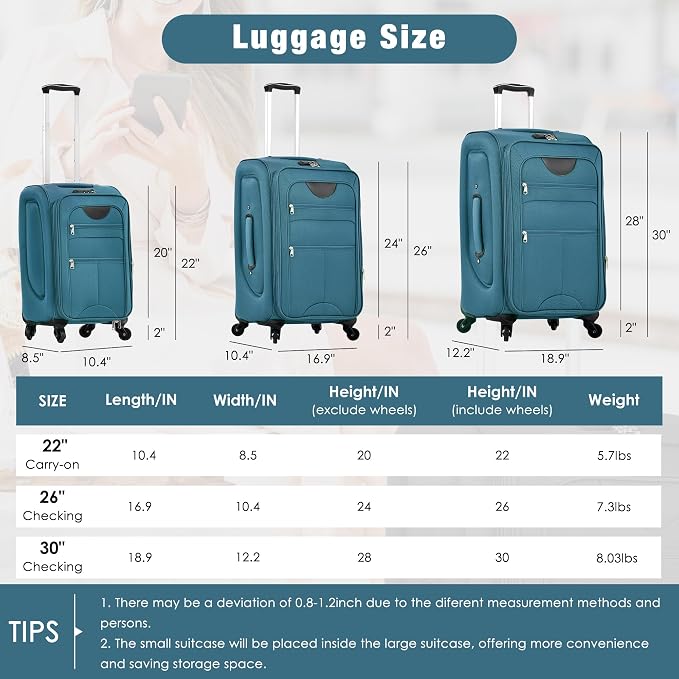 Merax Softside Luggage Set Lightweight 3 Piece Suitcase with Duffel Bag | Expandable Upright Travel Spinner Luggage 22" 26" 30",Blue Green - Image 2