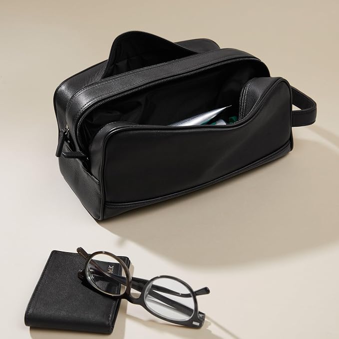 Leatherology Black Onyx Double Zip Toiletry Bag – Full-Grain Leather Men's Dopp Kit with Dual Compartments, Water-Resistant Lining & Top-Stitched Handle - Image 2